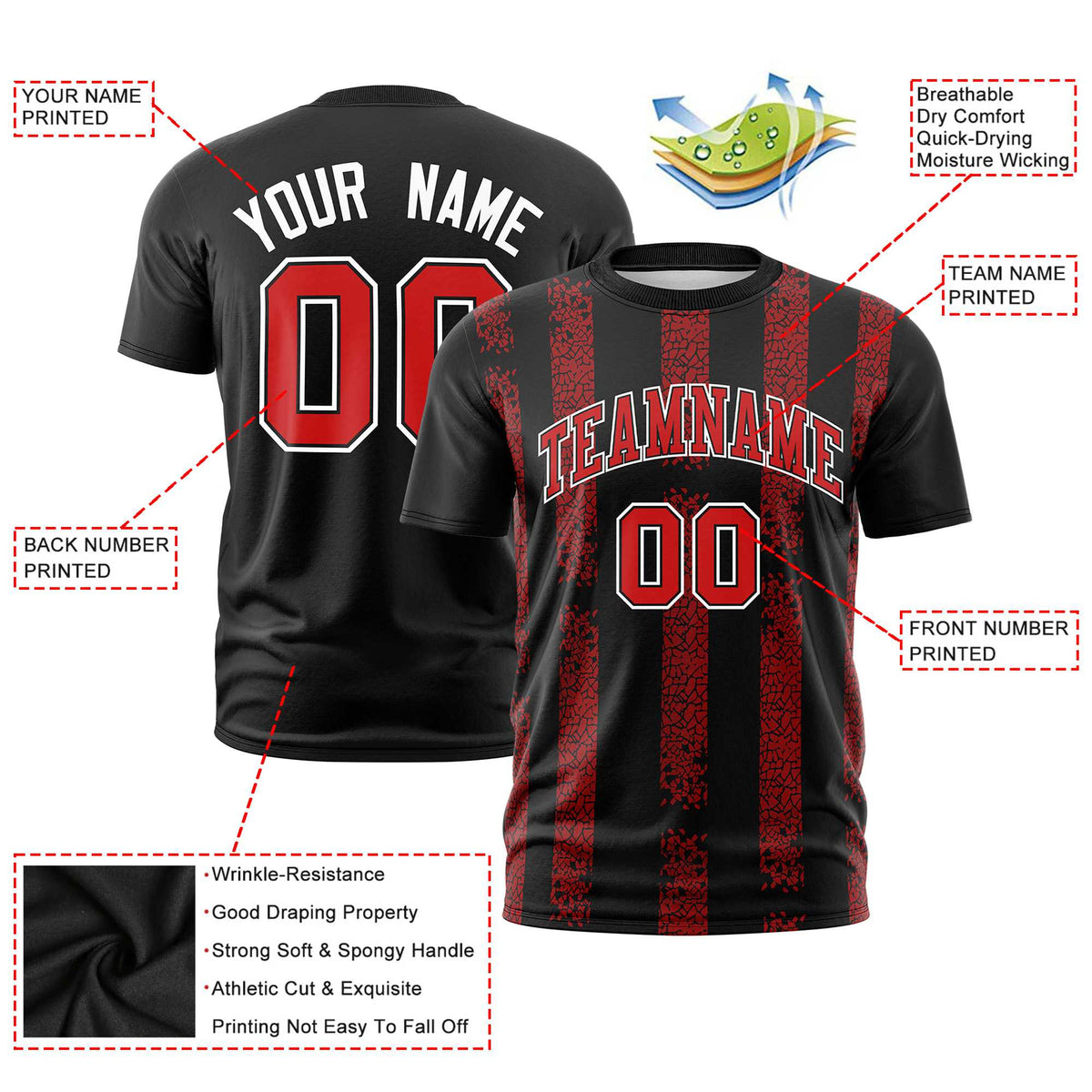 Custom Black Red Personalized Chunky Striped Pattern Performance T-Shirt