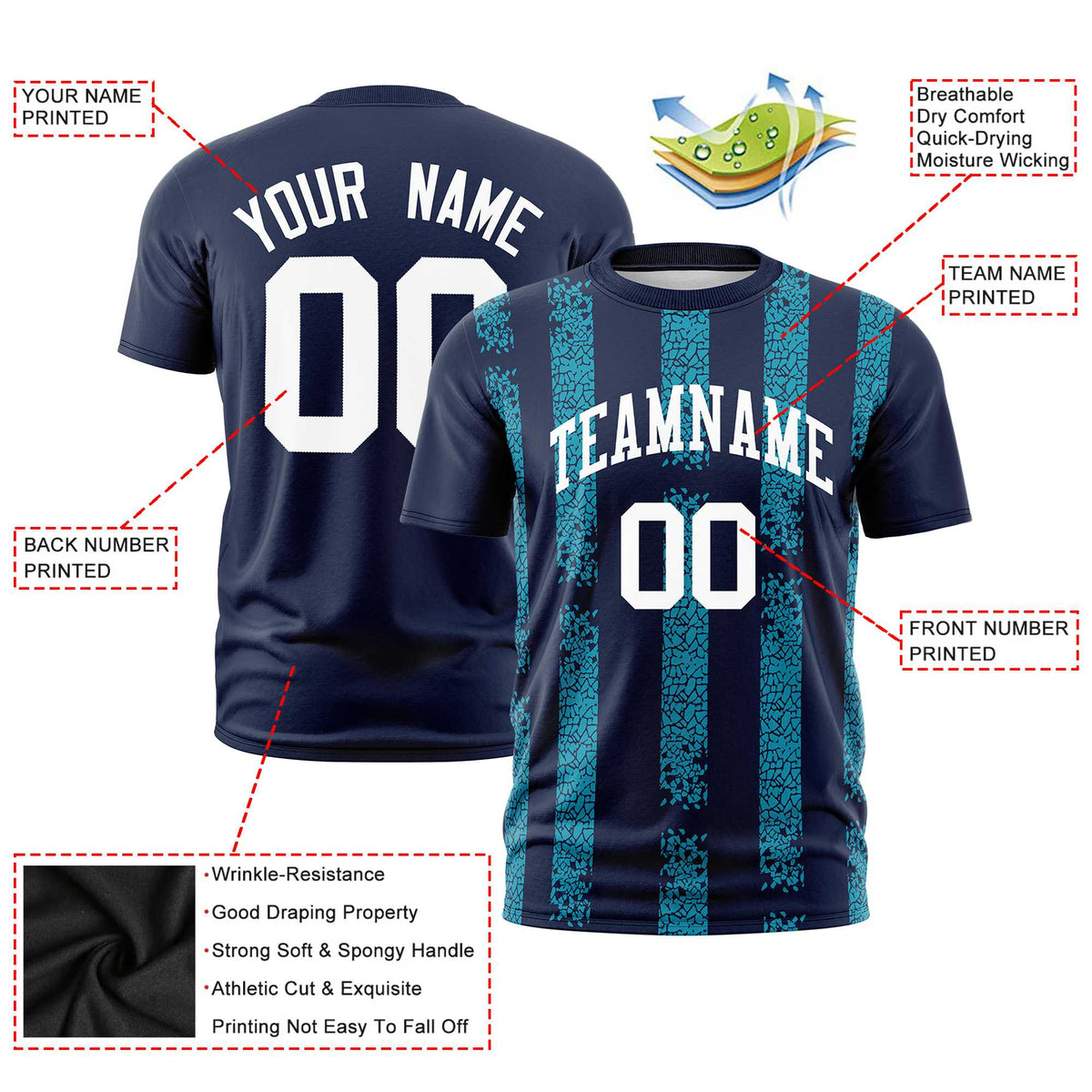 Custom Navy-Sky Blue Personalized Chunky Striped Pattern Performance T-Shirt