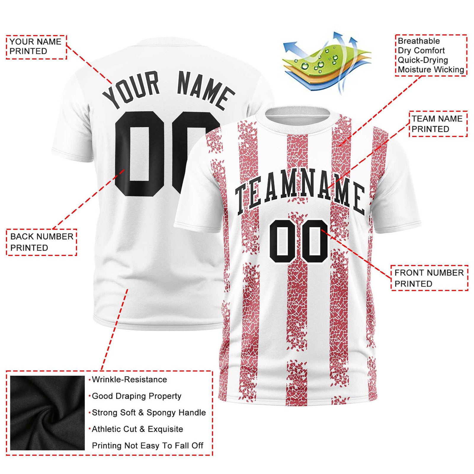 Custom White Red Personalized Chunky Striped Pattern Performance T-Shirt