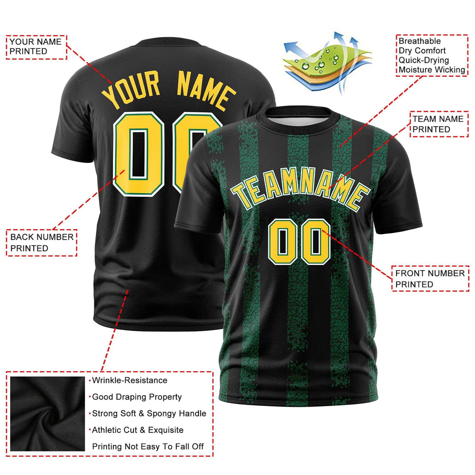Custom Black-Kelly Green Personalized Chunky Striped Pattern Performance T-Shirt