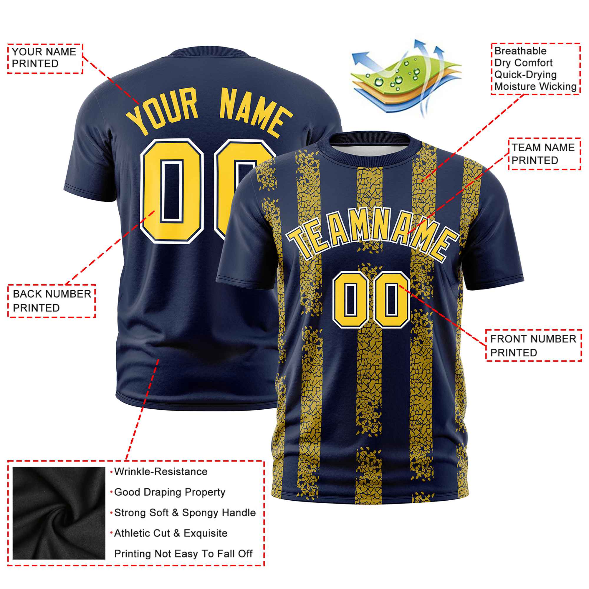 Custom Navy Gold01 Personalized Chunky Striped Pattern Performance T-Shirt