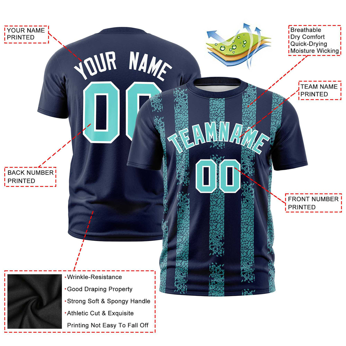 Custom Navy-Sky Blue Personalized Chunky Striped Pattern Performance T-Shirt