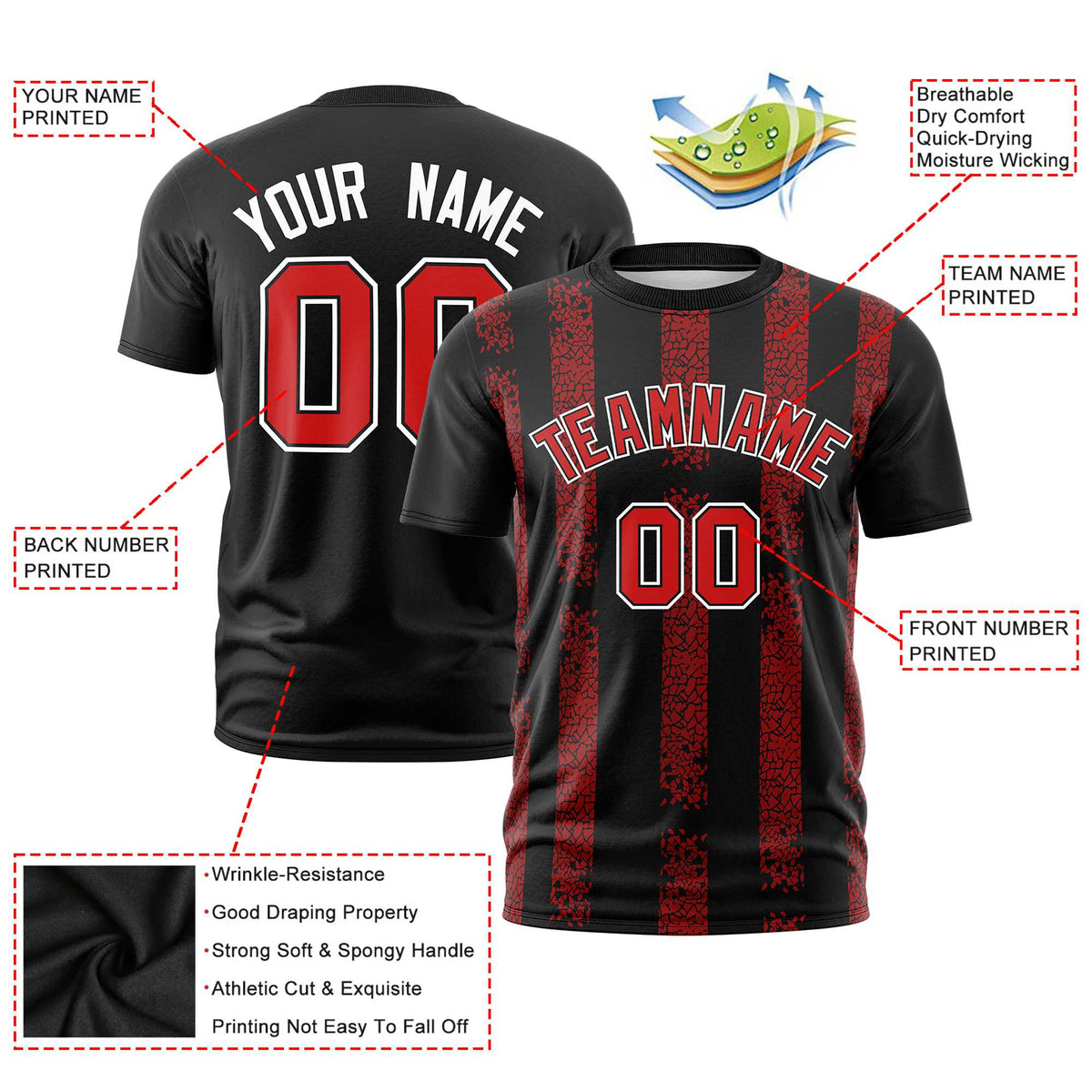 Custom Black Red Personalized Chunky Striped Pattern Performance T-Shirt