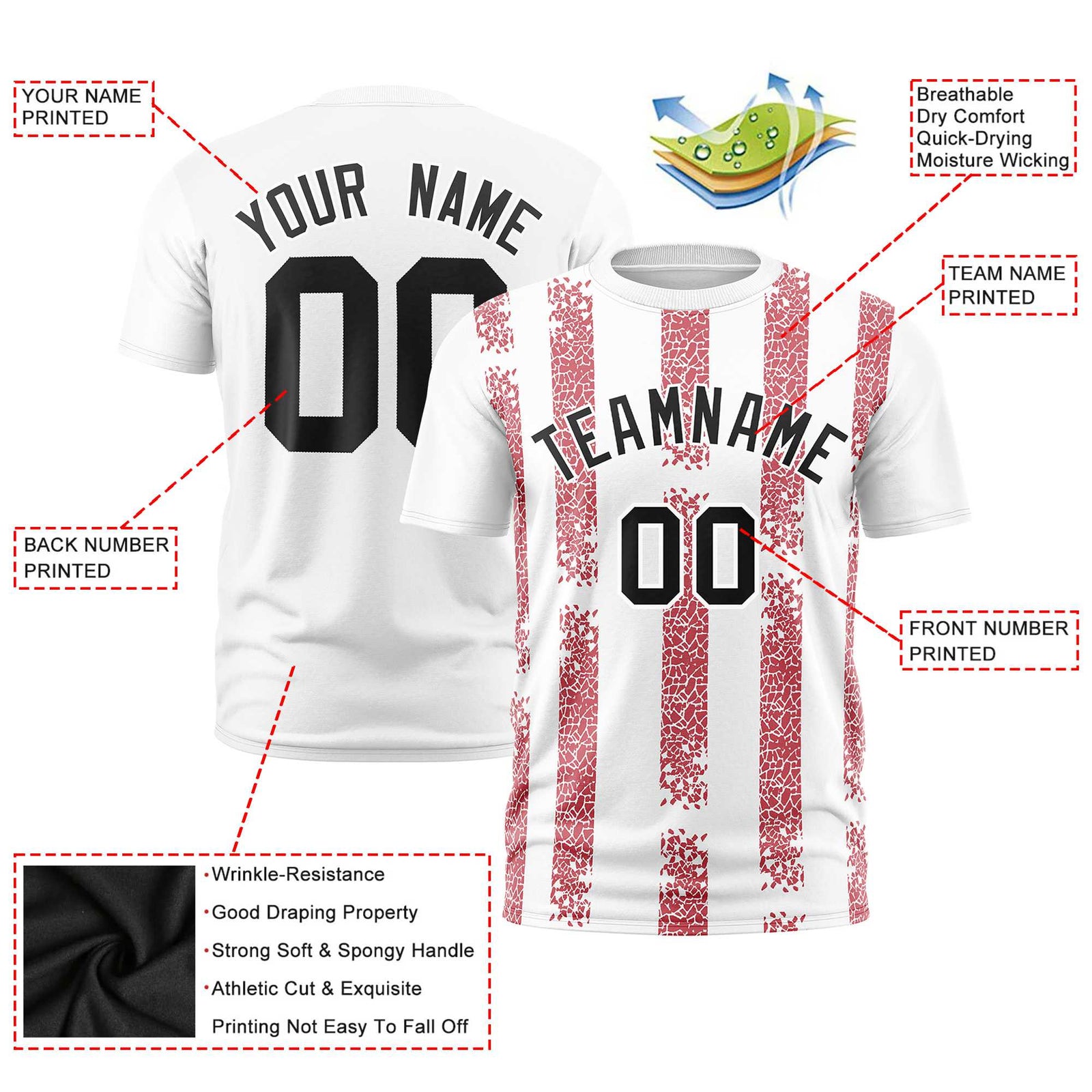 Custom White Red Personalized Chunky Striped Pattern Performance T-Shirt