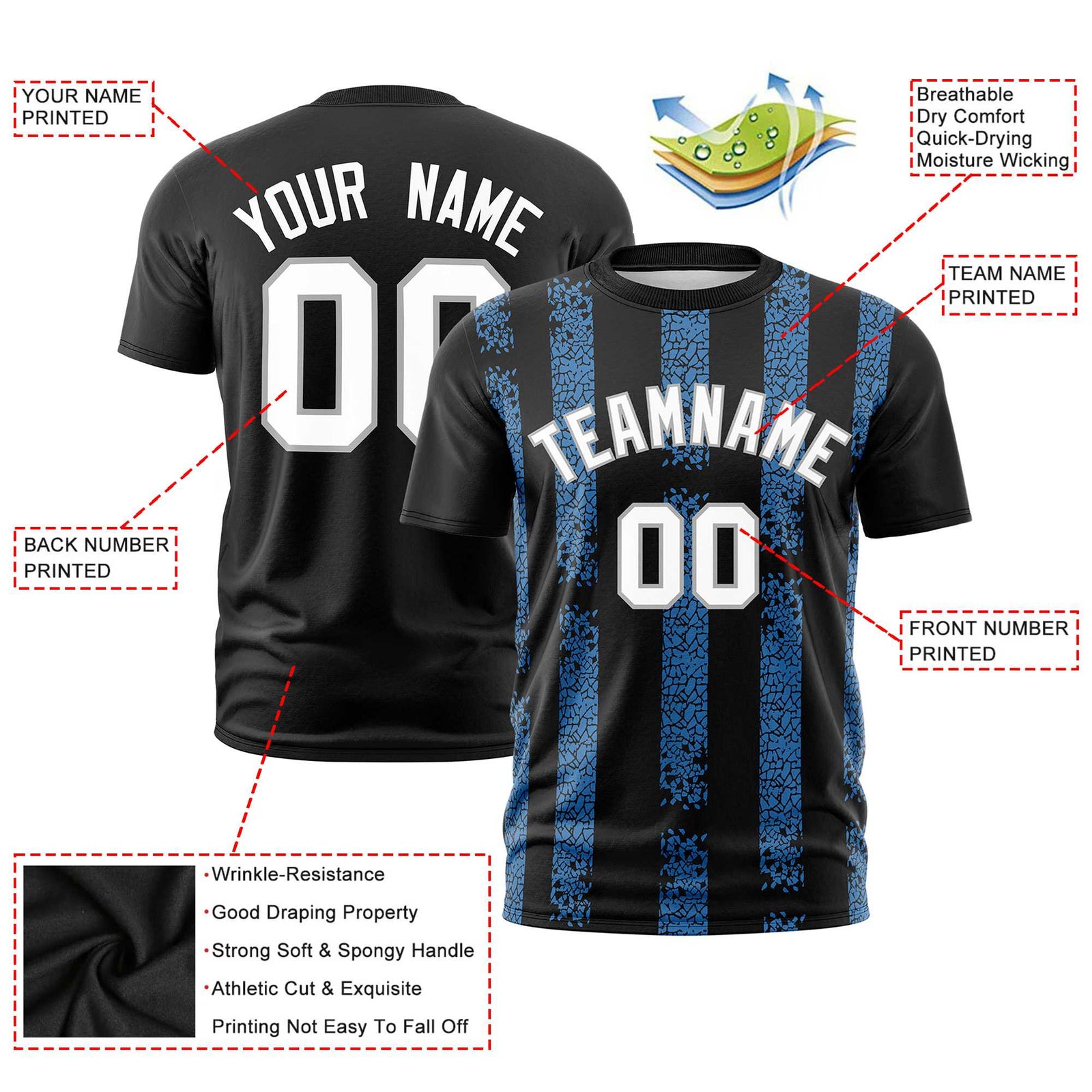 Custom Black Powder Blue Personalized Chunky Striped Pattern Performance T-Shirt