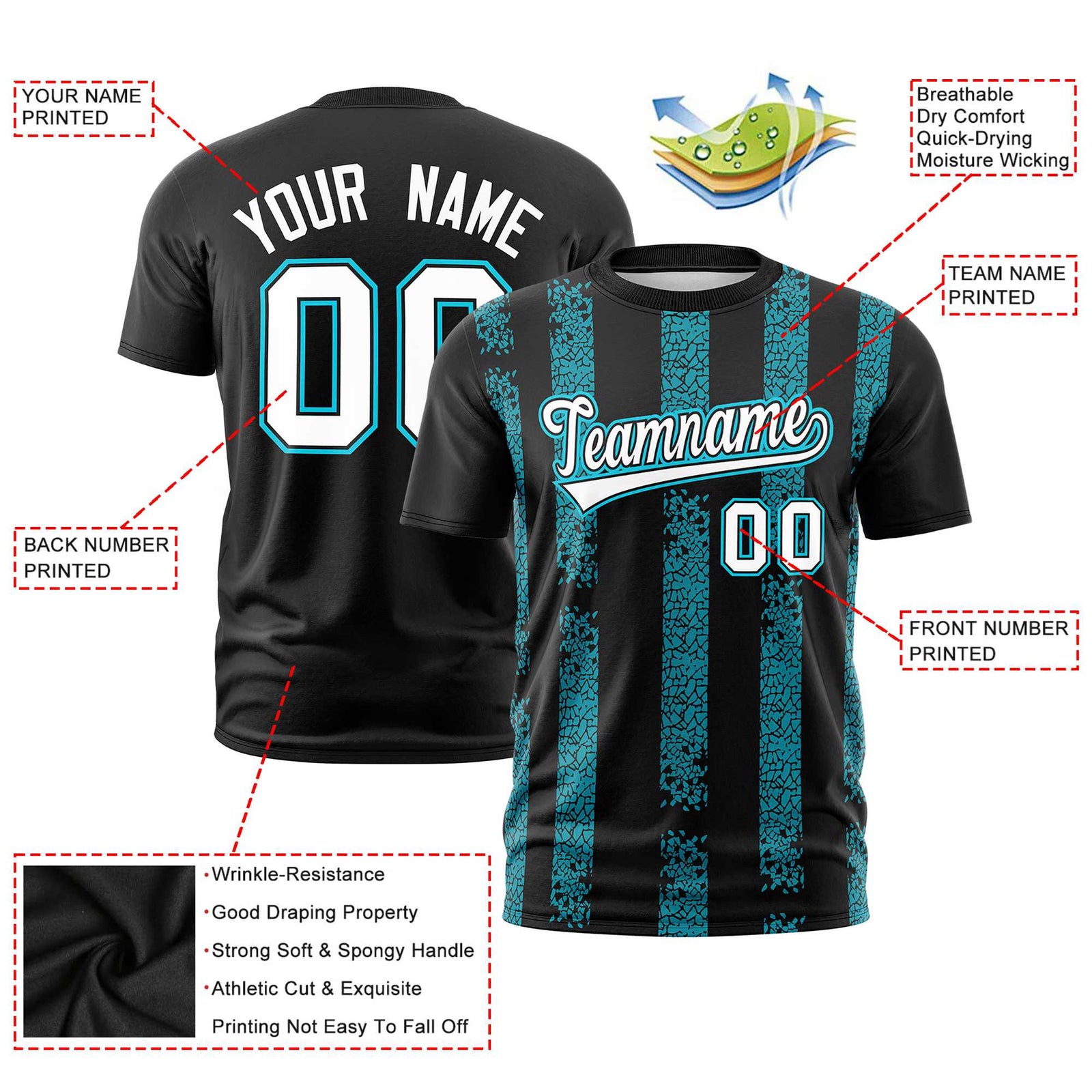 Custom Black-Sky Blue Personalized Chunky Striped Pattern Performance T-Shirt