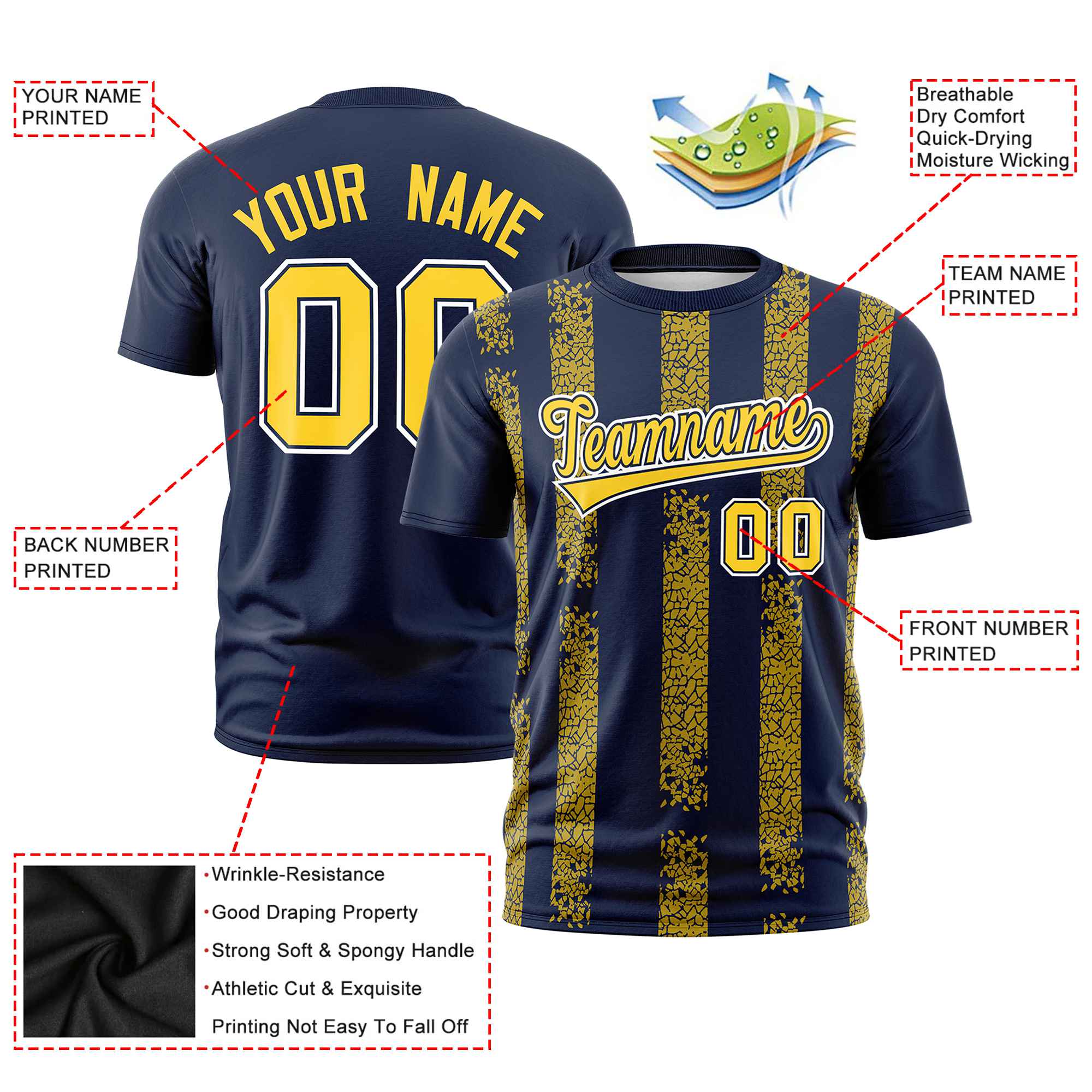 Custom Navy Gold01 Personalized Chunky Striped Pattern Performance T-Shirt