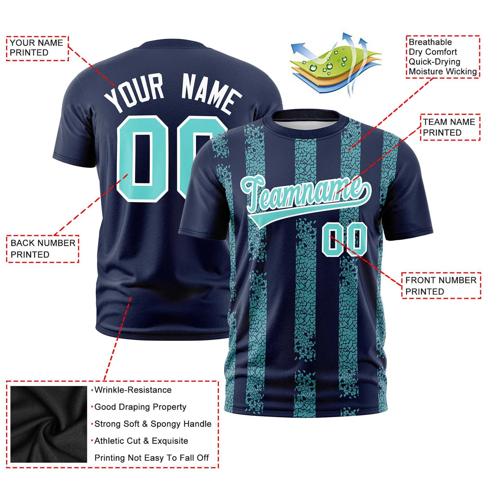 Custom Navy-Sky Blue Personalized Chunky Striped Pattern Performance T-Shirt