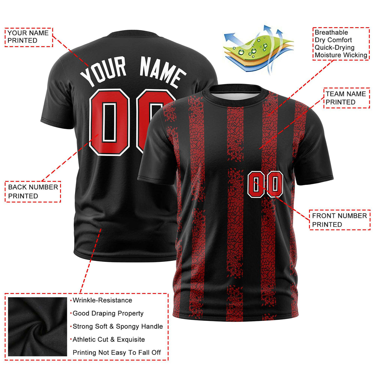 Custom Black Red Personalized Chunky Striped Pattern Performance T-Shirt