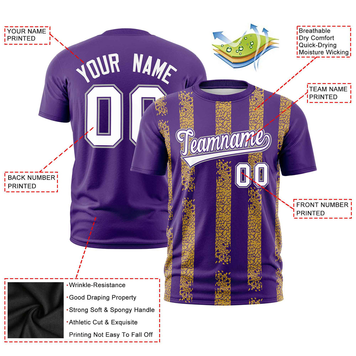 Custom Purple Gold01 Personalized Chunky Striped Pattern Performance T-Shirt