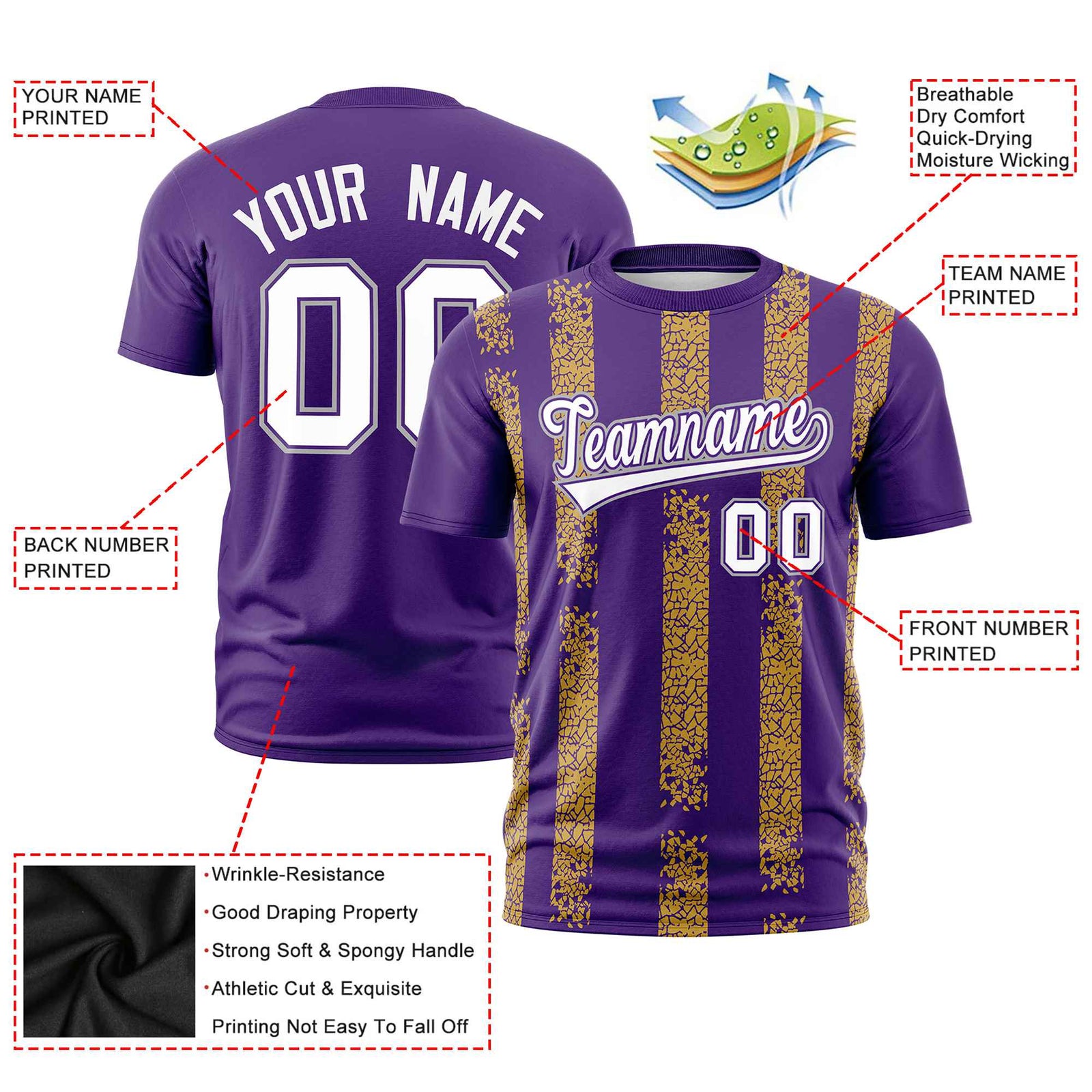 Custom Purple Gold01 Personalized Chunky Striped Pattern Performance T-Shirt