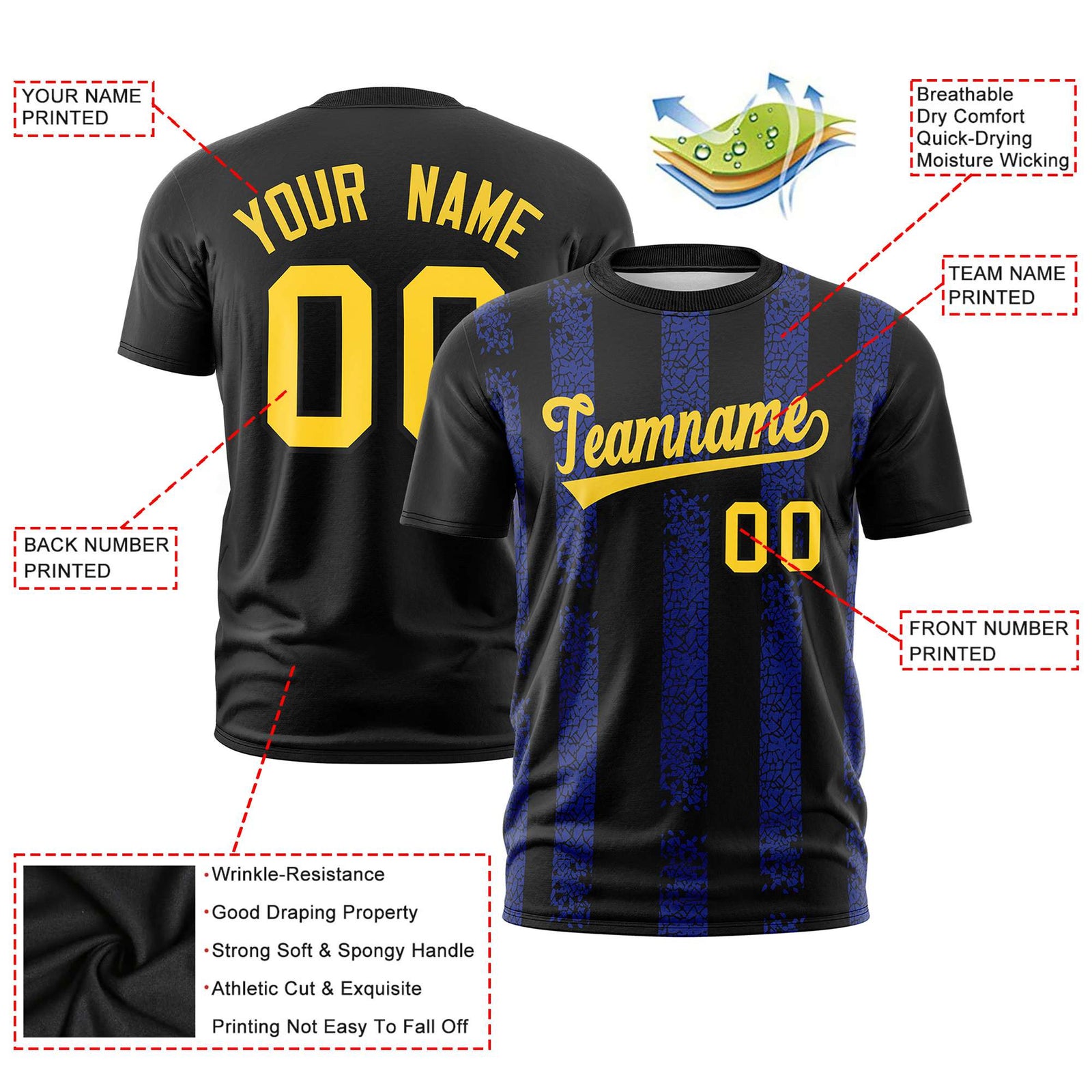 Custom Black Royal Blue Personalized Chunky Striped Pattern Performance T-Shirt