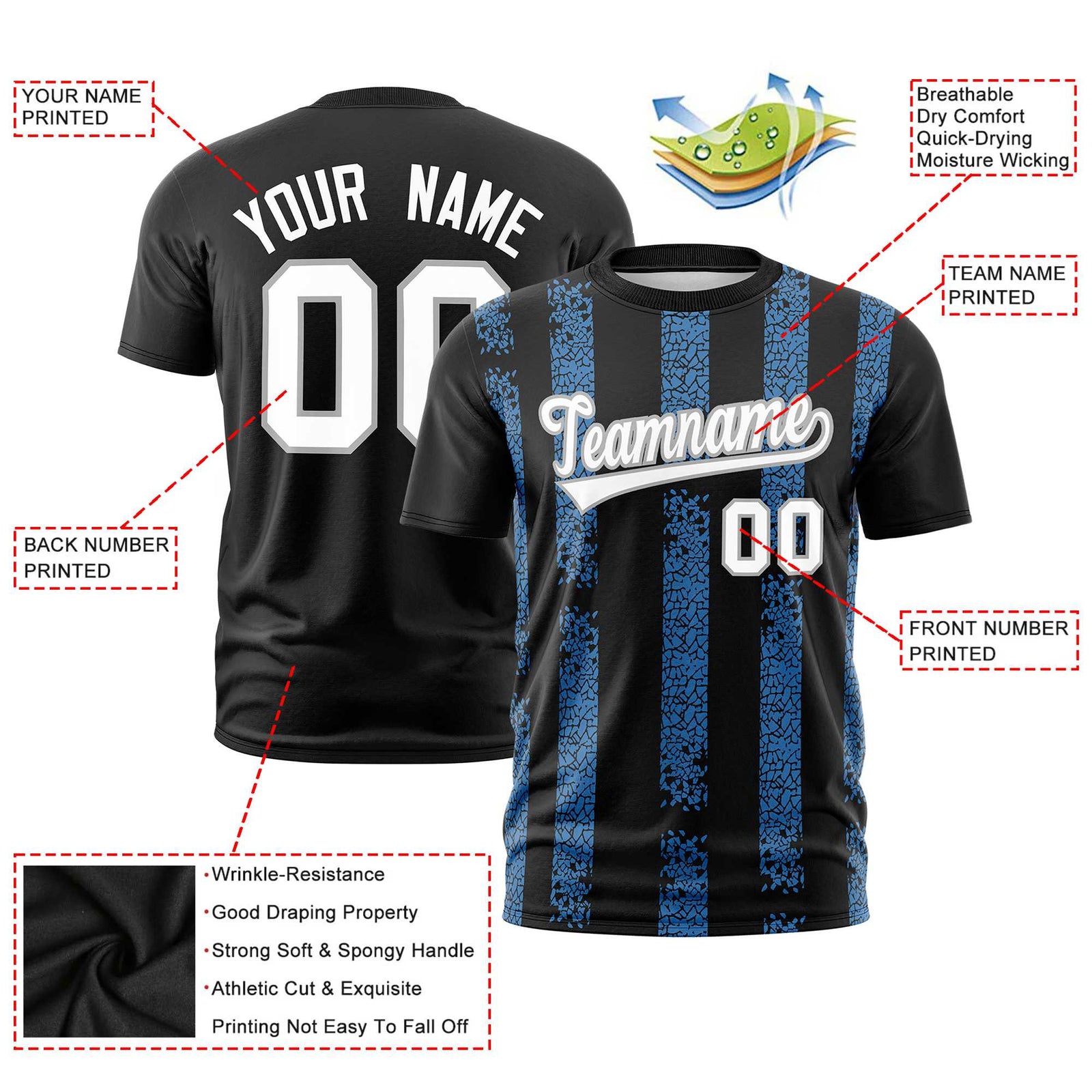 Custom Black Powder Blue Personalized Chunky Striped Pattern Performance T-Shirt