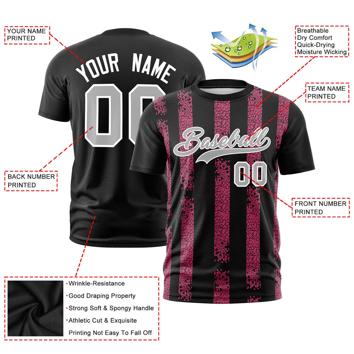 Custom Black Pink Personalized Chunky Striped Pattern Performance T-Shirt