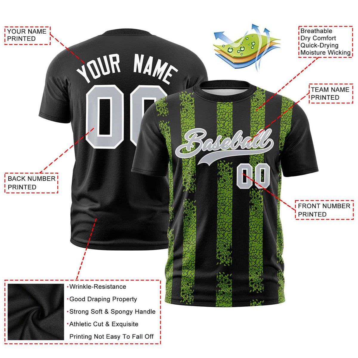 Custom Black-Neon Green Personalized Chunky Striped Pattern Performance T-Shirt