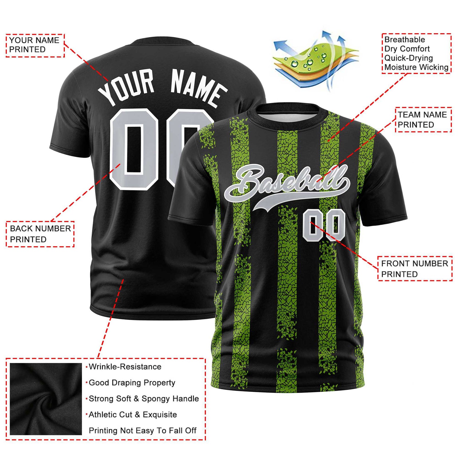 Custom Black-Neon Green Personalized Chunky Striped Pattern Performance T-Shirt