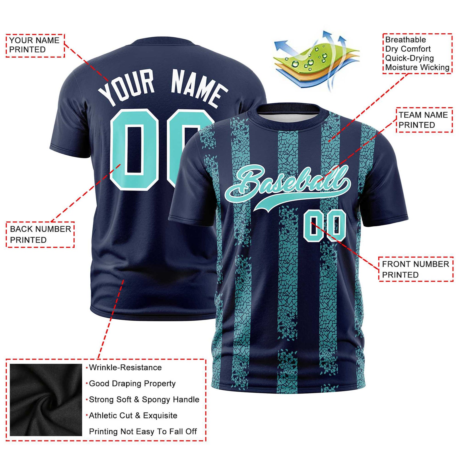 Custom Navy-Sky Blue Personalized Chunky Striped Pattern Performance T-Shirt