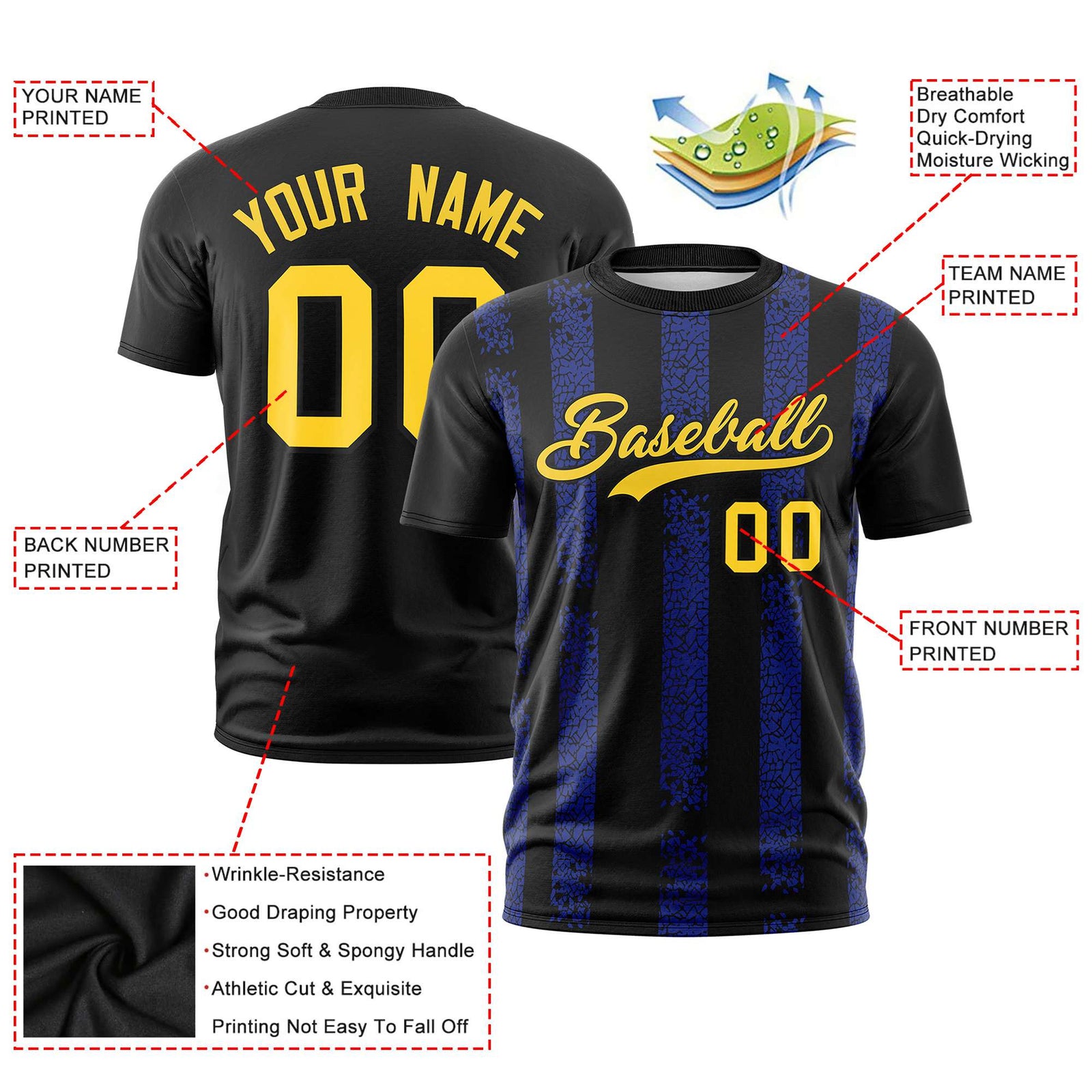 Custom Black Royal Blue Personalized Chunky Striped Pattern Performance T-Shirt