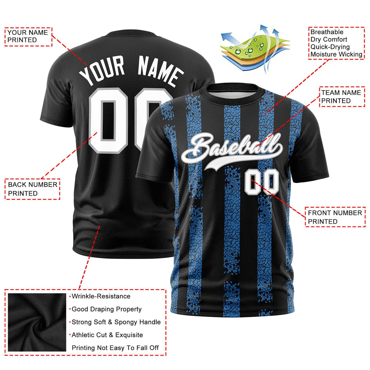 Custom Black Powder Blue Personalized Chunky Striped Pattern Performance T-Shirt