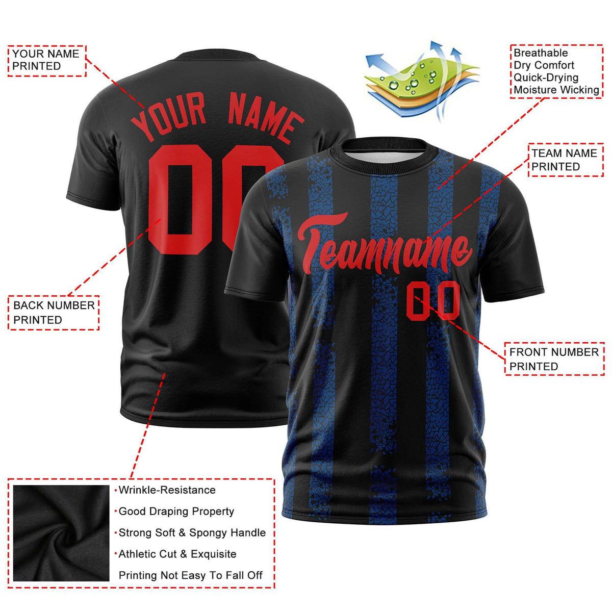 Custom Black-Royal Blue Personalized Chunky Striped Pattern Performance T-Shirt