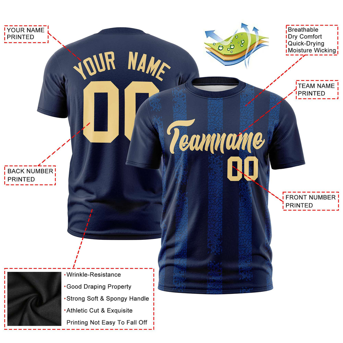 Custom Navy-Royal Blue Personalized Chunky Striped Pattern Performance T-Shirt