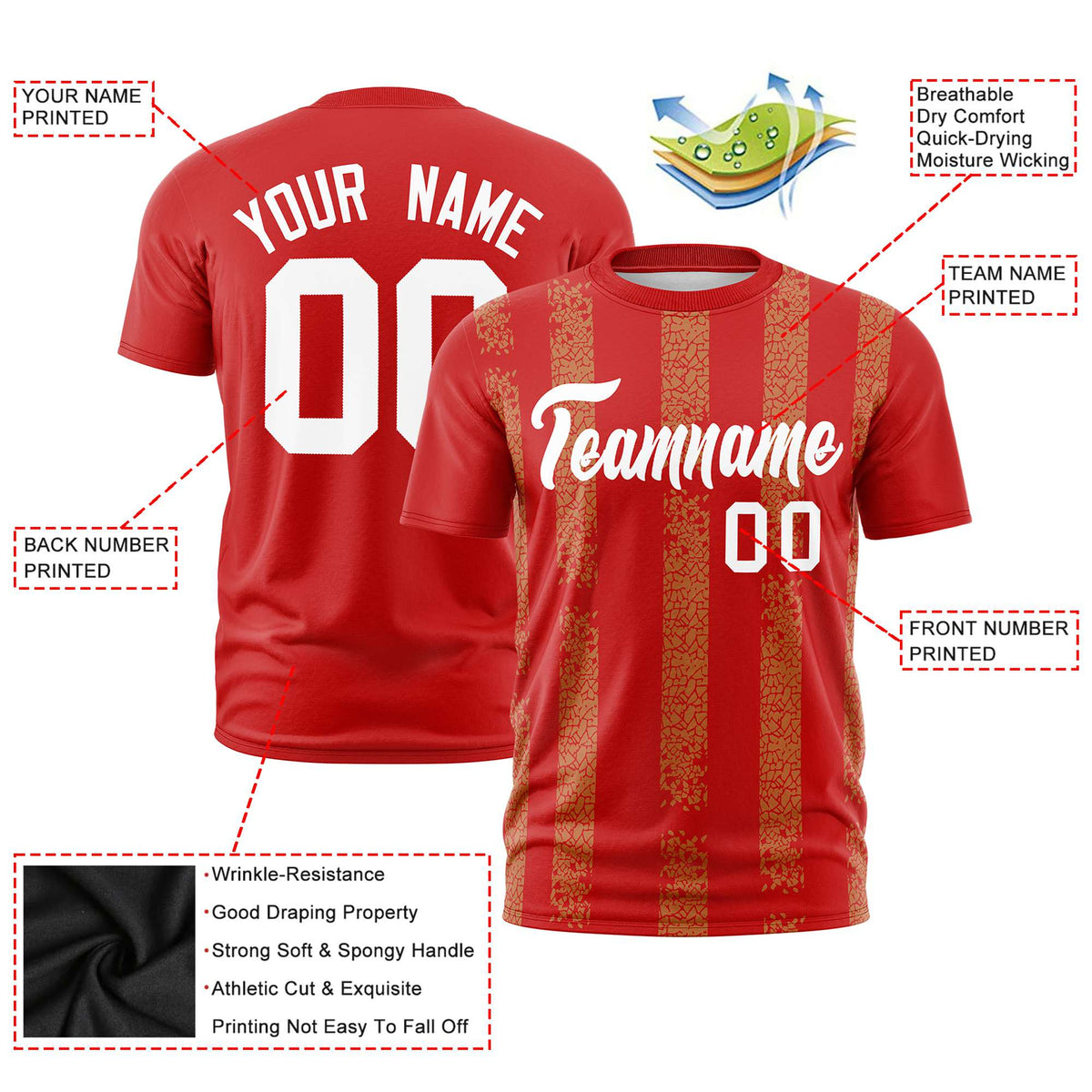 Custom Red-Old Gold Personalized Chunky Striped Pattern Performance T-Shirt
