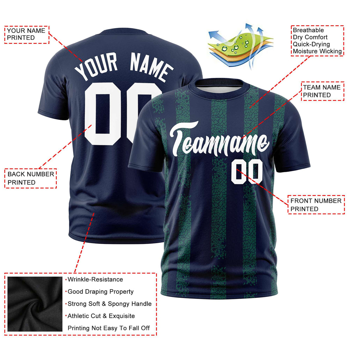 Custom Navy Teal Personalized Chunky Striped Pattern Performance T-Shirt