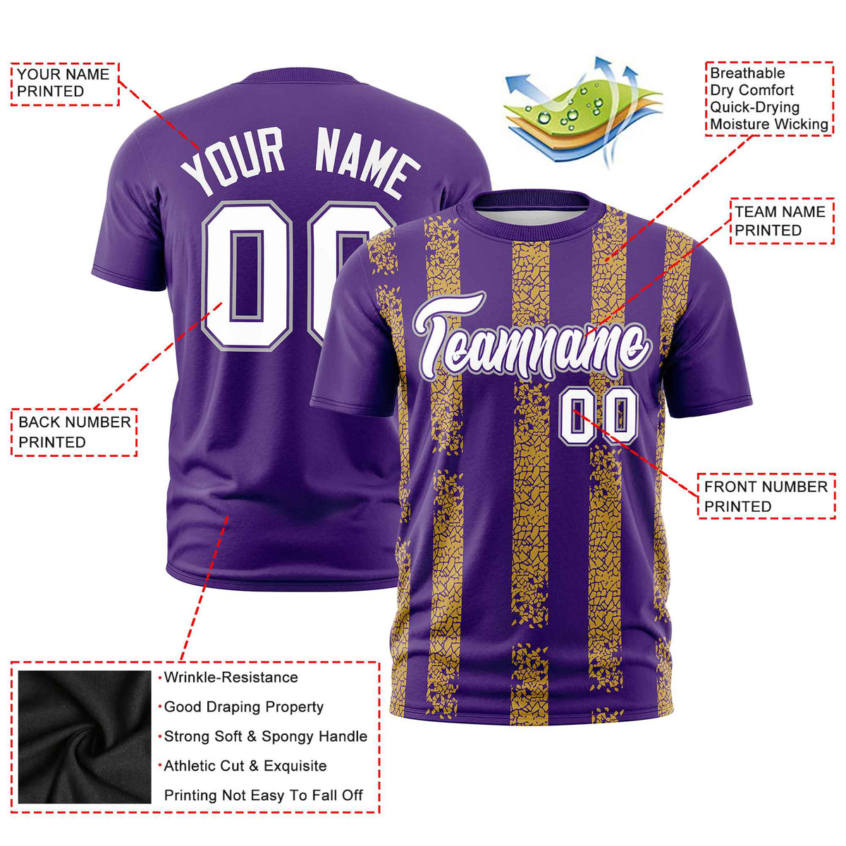 Custom Purple Gold01 Personalized Chunky Striped Pattern Performance T-Shirt