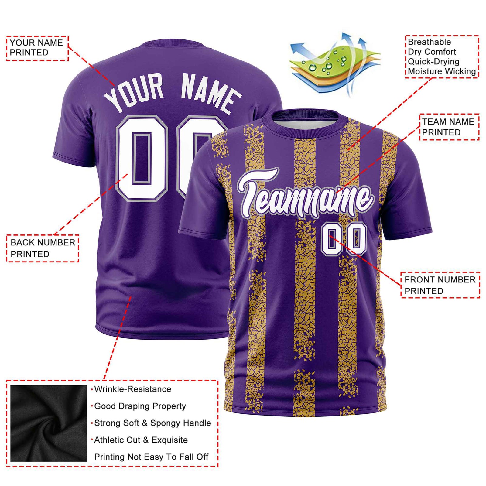 Custom Purple Gold01 Personalized Chunky Striped Pattern Performance T-Shirt