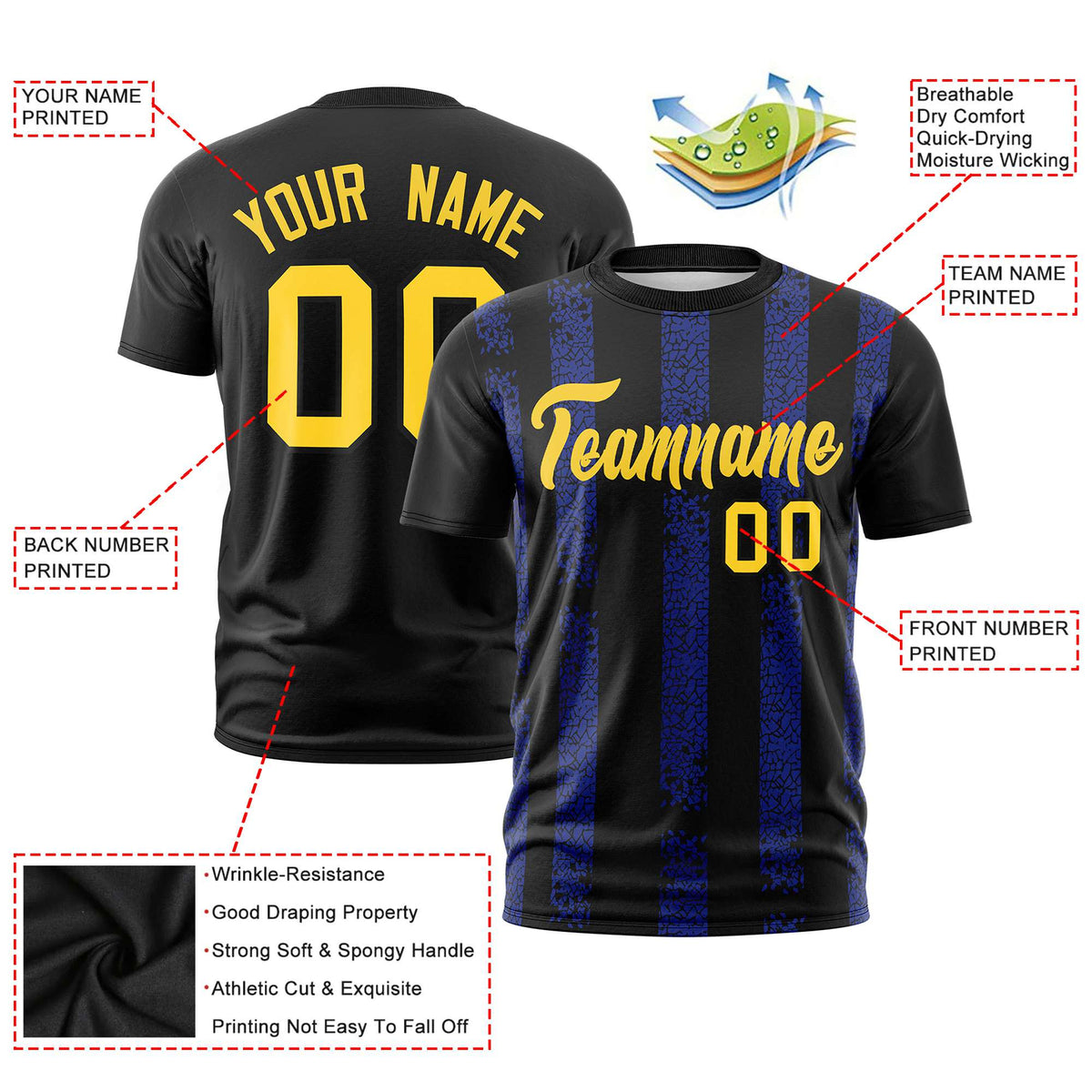 Custom Black Royal Blue Personalized Chunky Striped Pattern Performance T-Shirt
