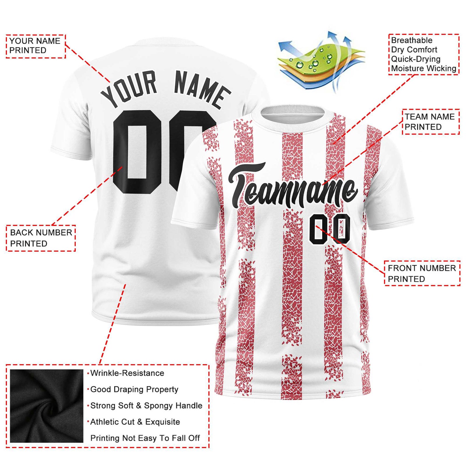 Custom White Red Personalized Chunky Striped Pattern Performance T-Shirt