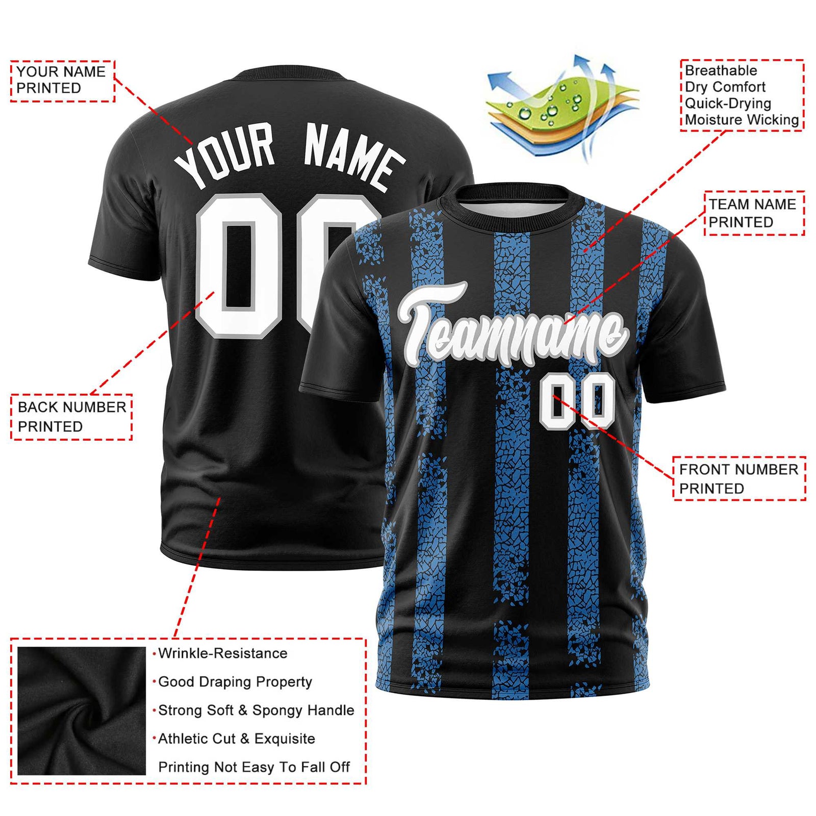 Custom Black Powder Blue Personalized Chunky Striped Pattern Performance T-Shirt