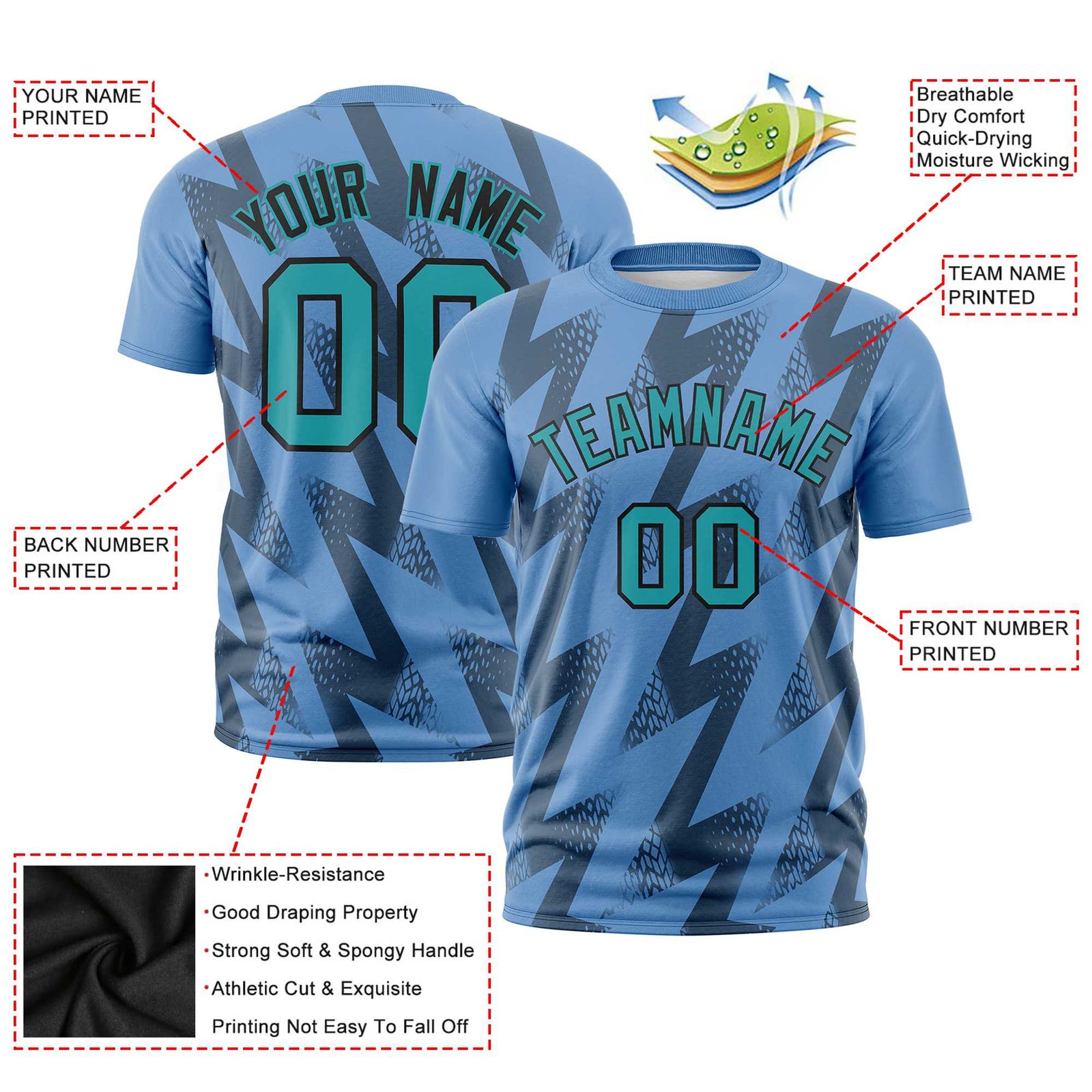 Custom Powder Blue Crew neck Wheel Triangle Design Performance T-Shirt