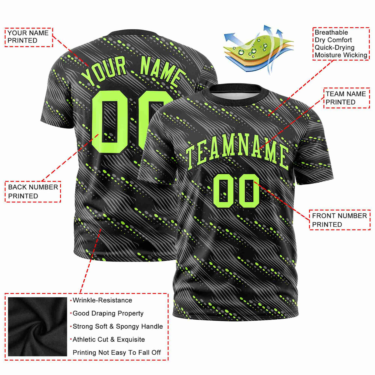 Custom Black Neon Green Personalized Dotted Line Graffiti Pattern Performance T-Shirt