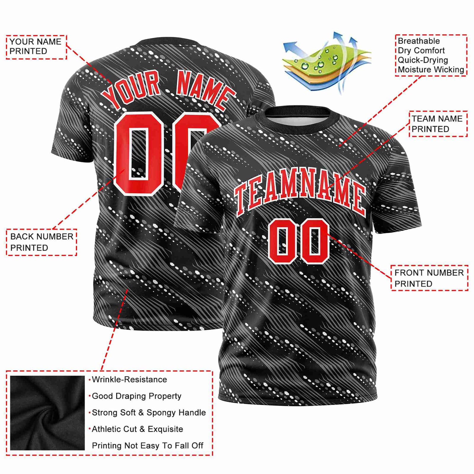 Custom Black White Personalized Dotted Line Graffiti Pattern Performance T-Shirt