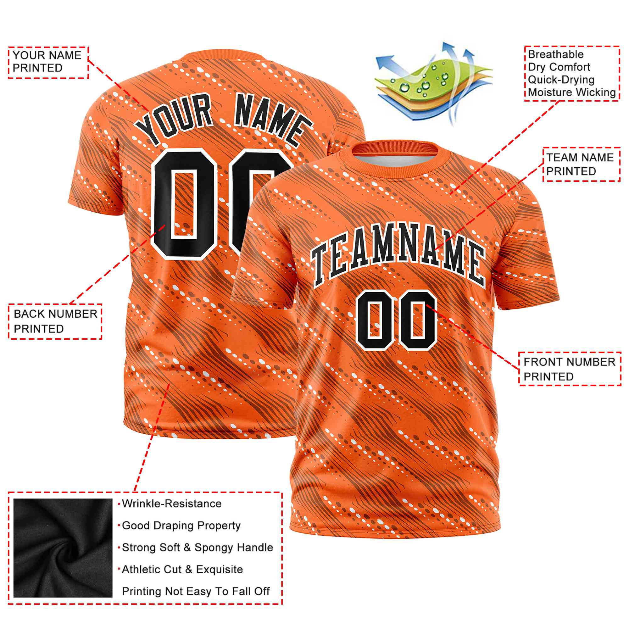 Custom Orange Black Personalized Dotted Line Graffiti Pattern Performance T-Shirt