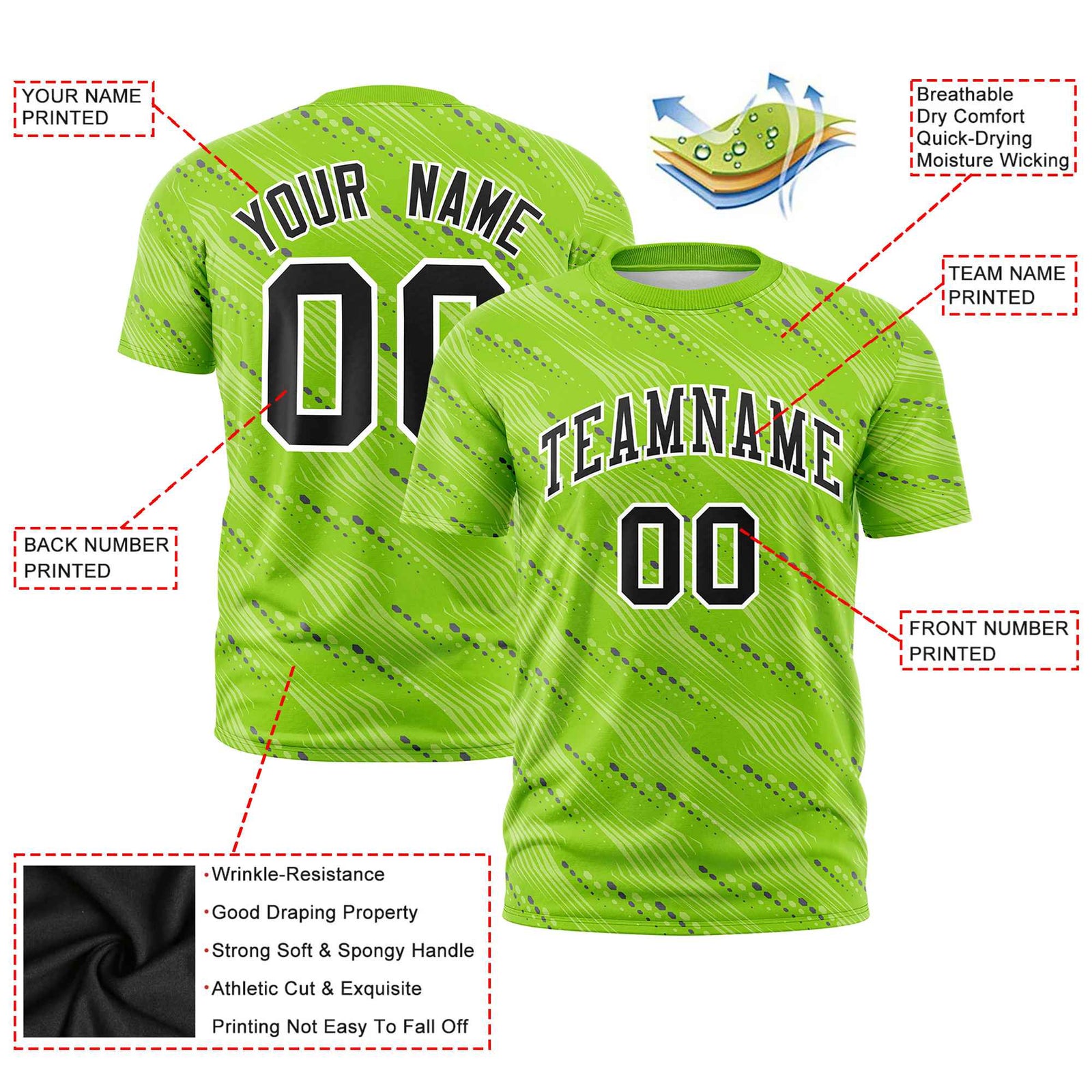 Custom Neon Green Navy Personalized Dotted Line Graffiti Pattern Performance T-Shirt