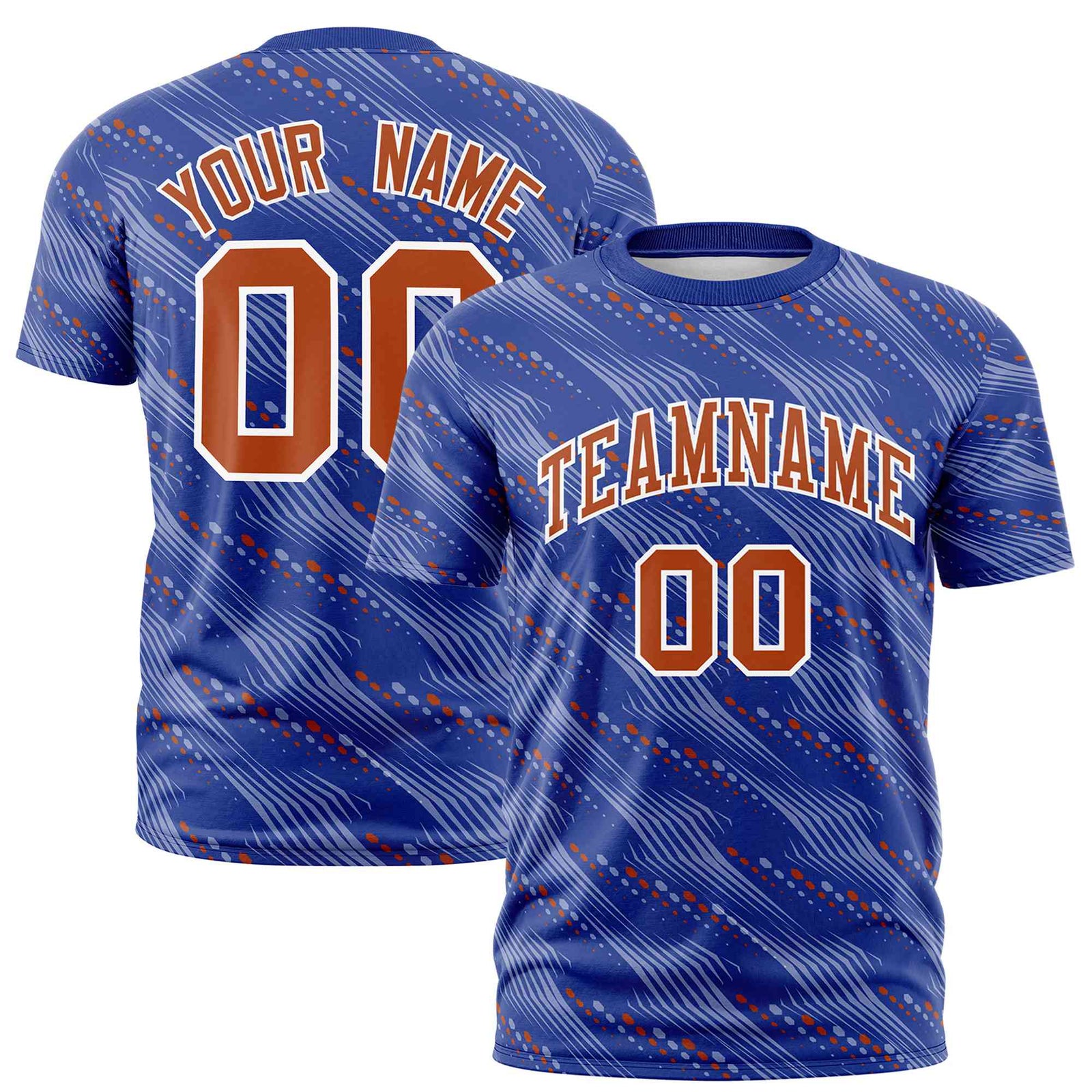 Custom Royal Blue Texas Orange Personalized Dotted Line Graffiti Pattern Performance T-Shirt