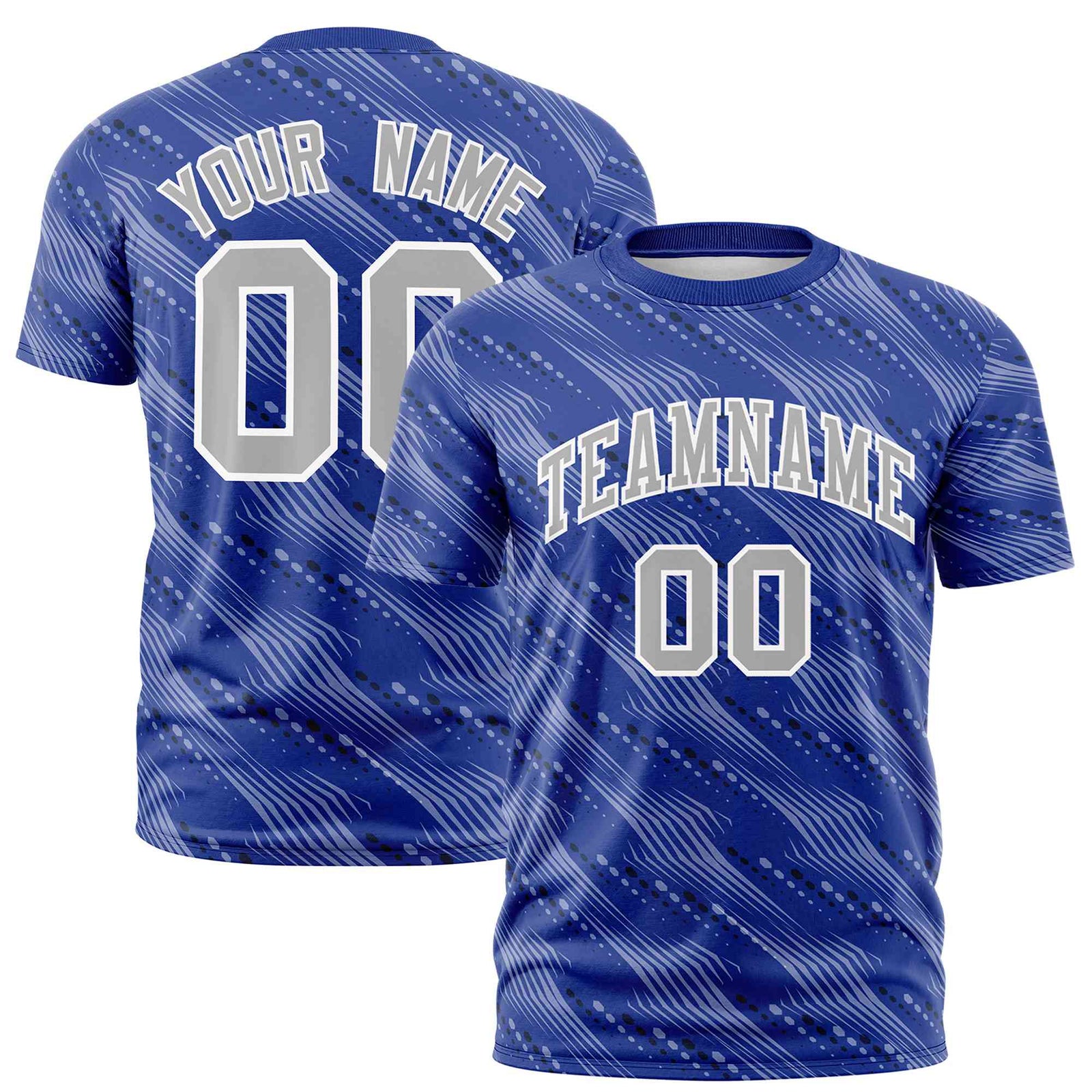 Custom Royal Blue Gray Personalized Dotted Line Graffiti Pattern Performance T-Shirt