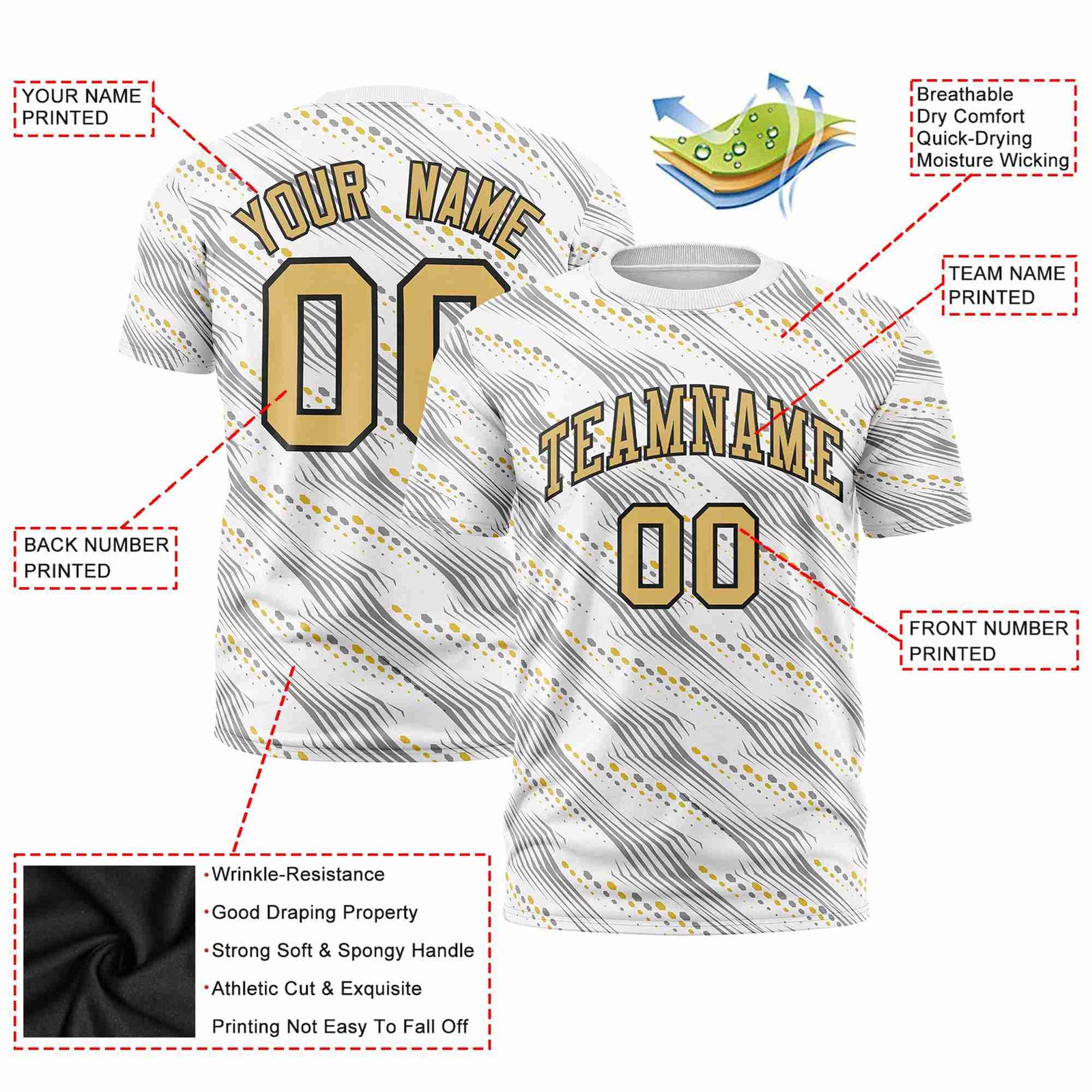 Custom White Old Gold Personalized Dotted Line Graffiti Pattern Performance T-Shirt