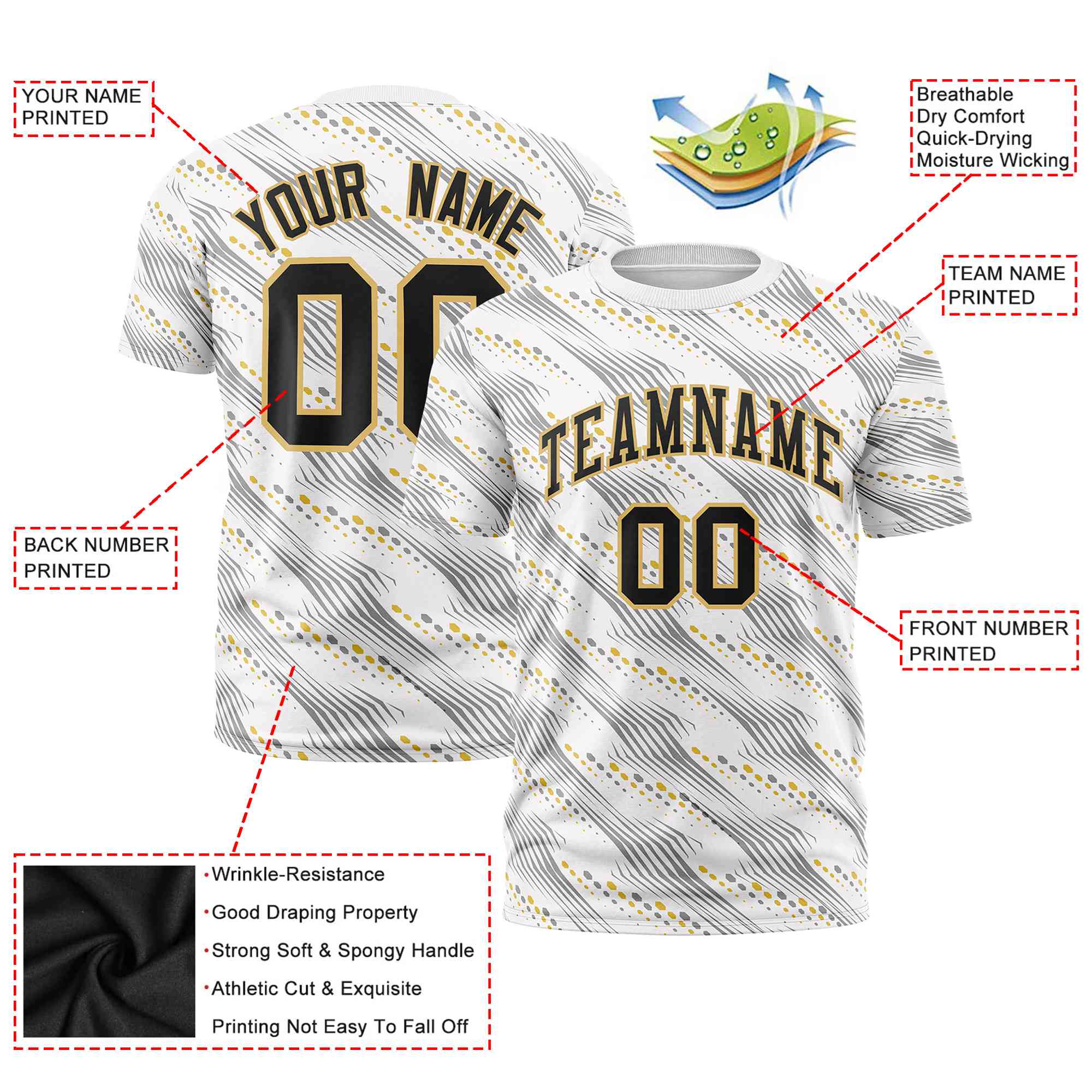 Custom White Black-Old Gold Personalized Dotted Line Graffiti Pattern Performance T-Shirt