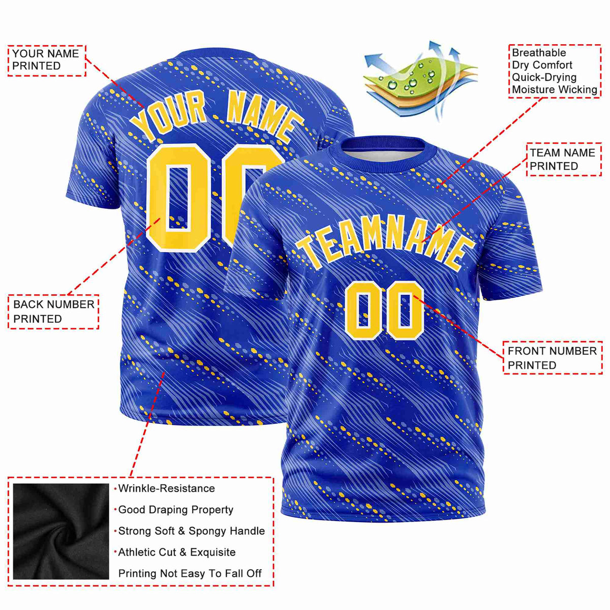 Custom Royal Blue Gold01 Personalized Dotted Line Graffiti Pattern Performance T-Shirt