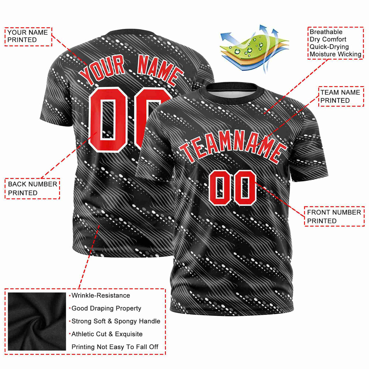 Custom Black White Personalized Dotted Line Graffiti Pattern Performance T-Shirt