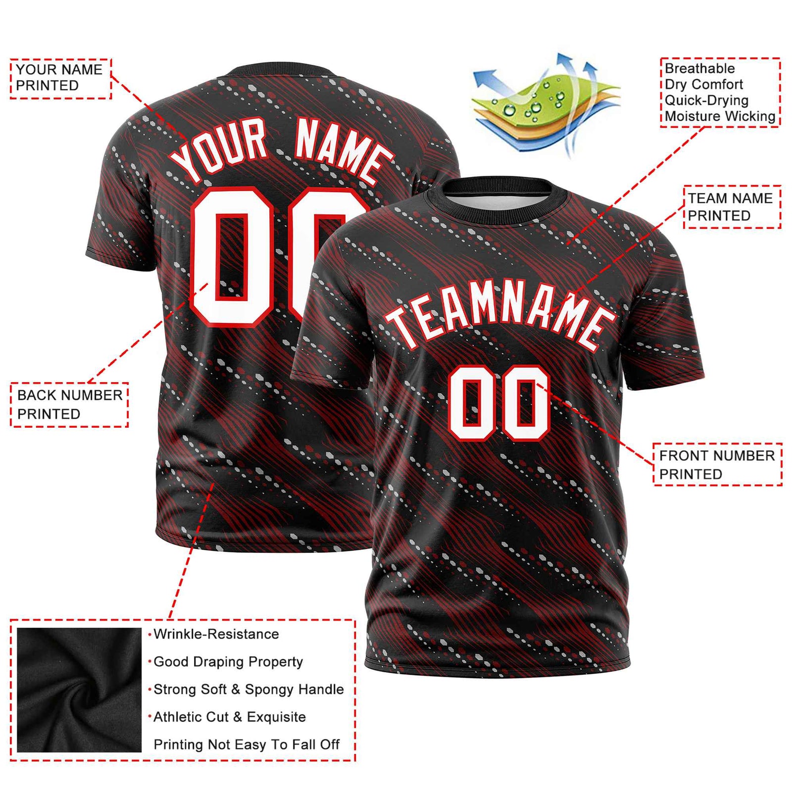 Custom Black Red-White Personalized Dotted Line Graffiti Pattern Performance T-Shirt