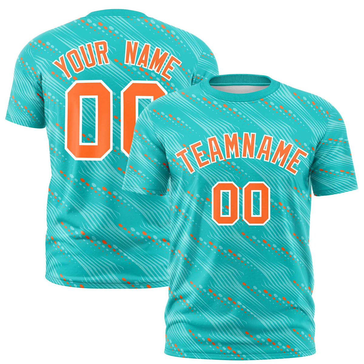 Custom Aqua Orange Personalized Dotted Line Graffiti Pattern Performance T-Shirt