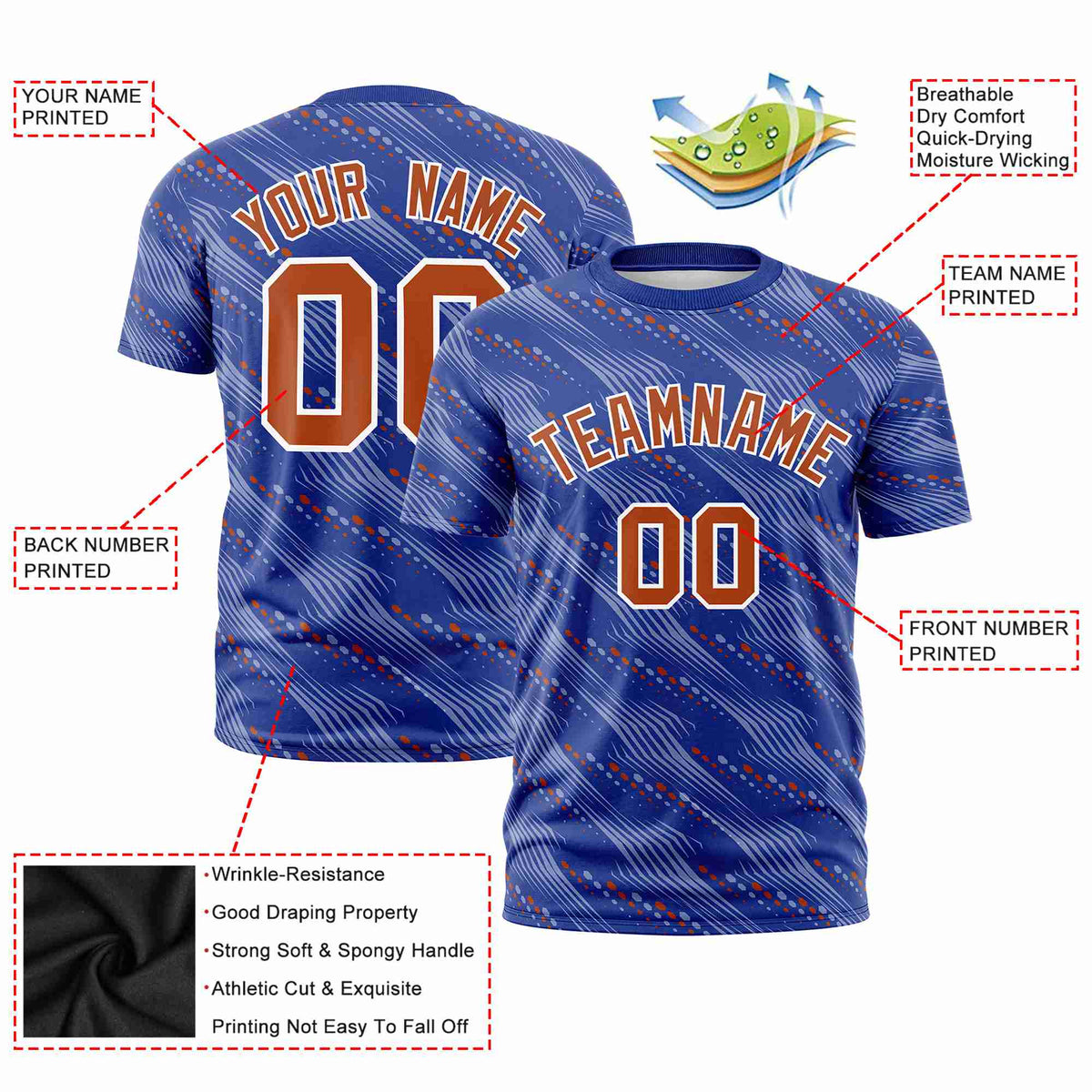Custom Royal Blue Texas Orange Personalized Dotted Line Graffiti Pattern Performance T-Shirt