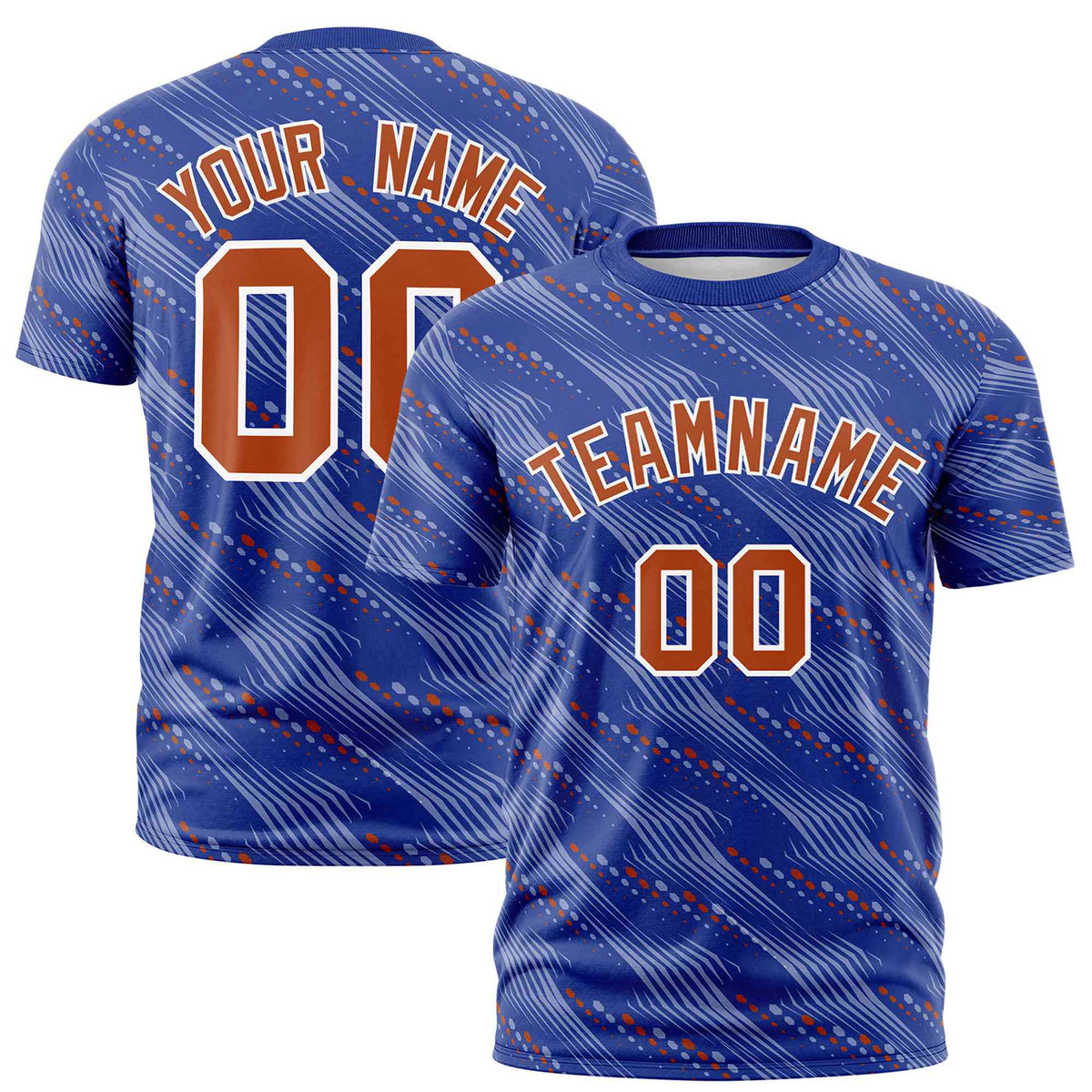 Custom Royal Blue Texas Orange Personalized Dotted Line Graffiti Pattern Performance T-Shirt