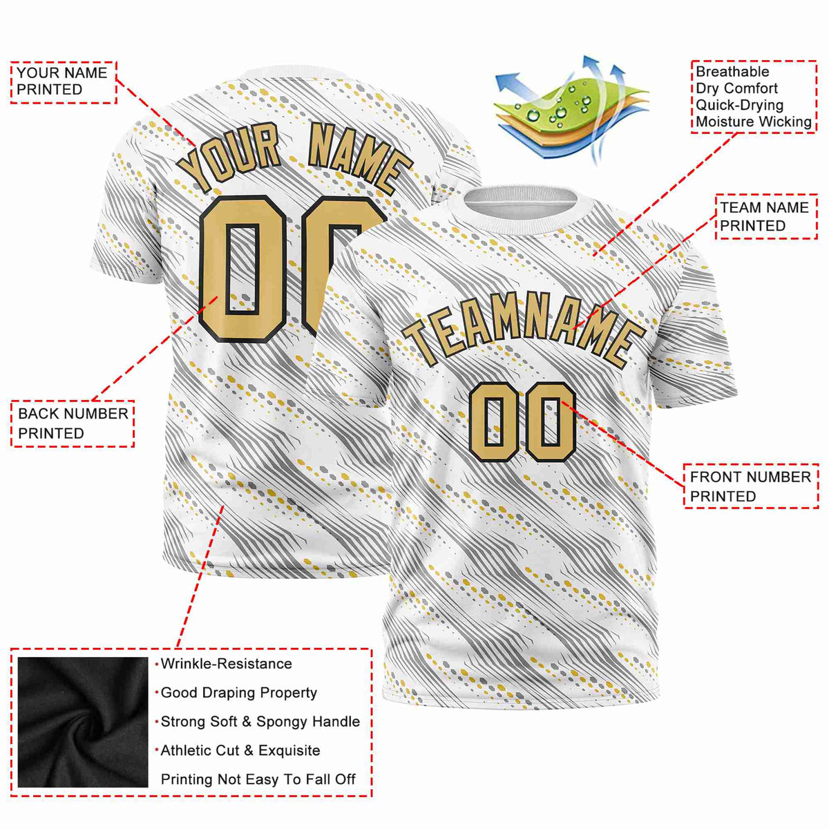 Custom White Old Gold Personalized Dotted Line Graffiti Pattern Performance T-Shirt