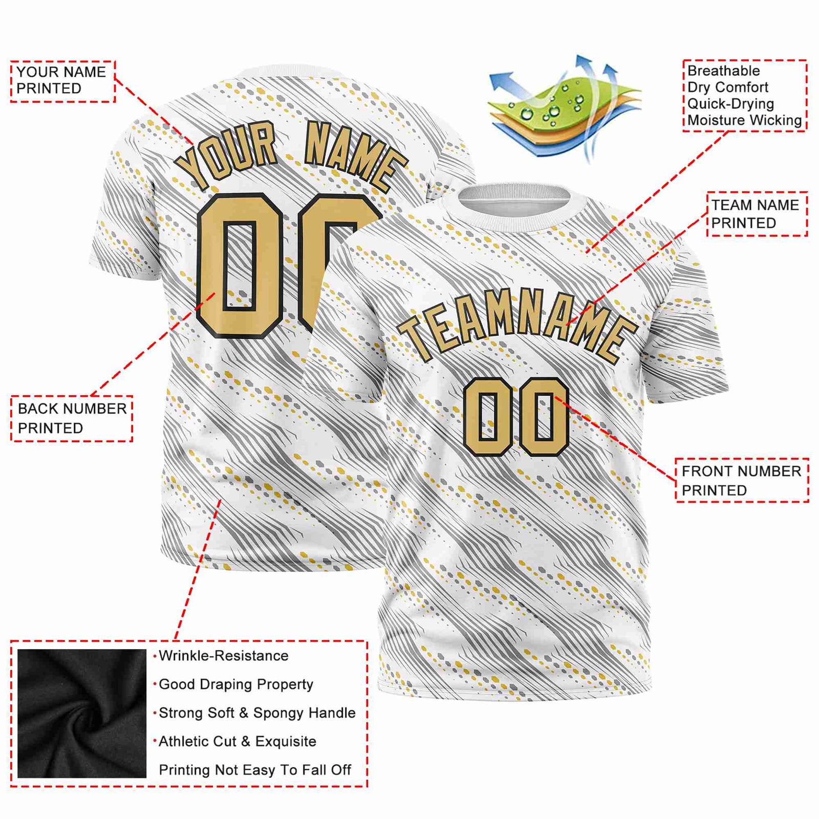 Custom White Old Gold Personalized Dotted Line Graffiti Pattern Performance T-Shirt