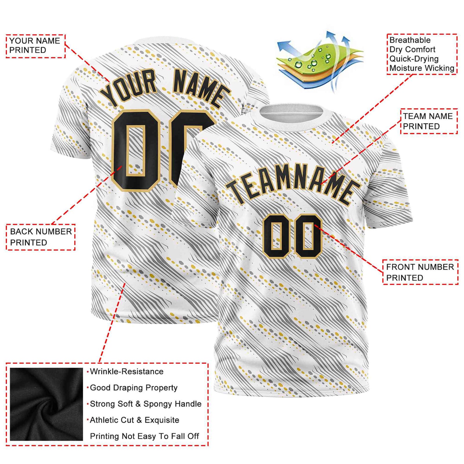 Custom White Black-Old Gold Personalized Dotted Line Graffiti Pattern Performance T-Shirt